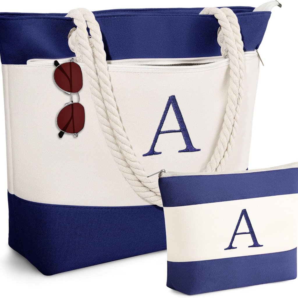 Beach Bags For Women - Initial Canvas Tote Waterproof Bag With Makeup Bag Gifts